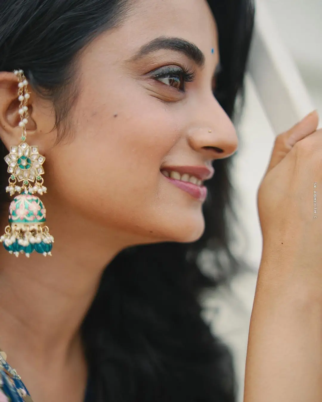 Namitha Pramod Wearing Beautiful Earring Blue Saree